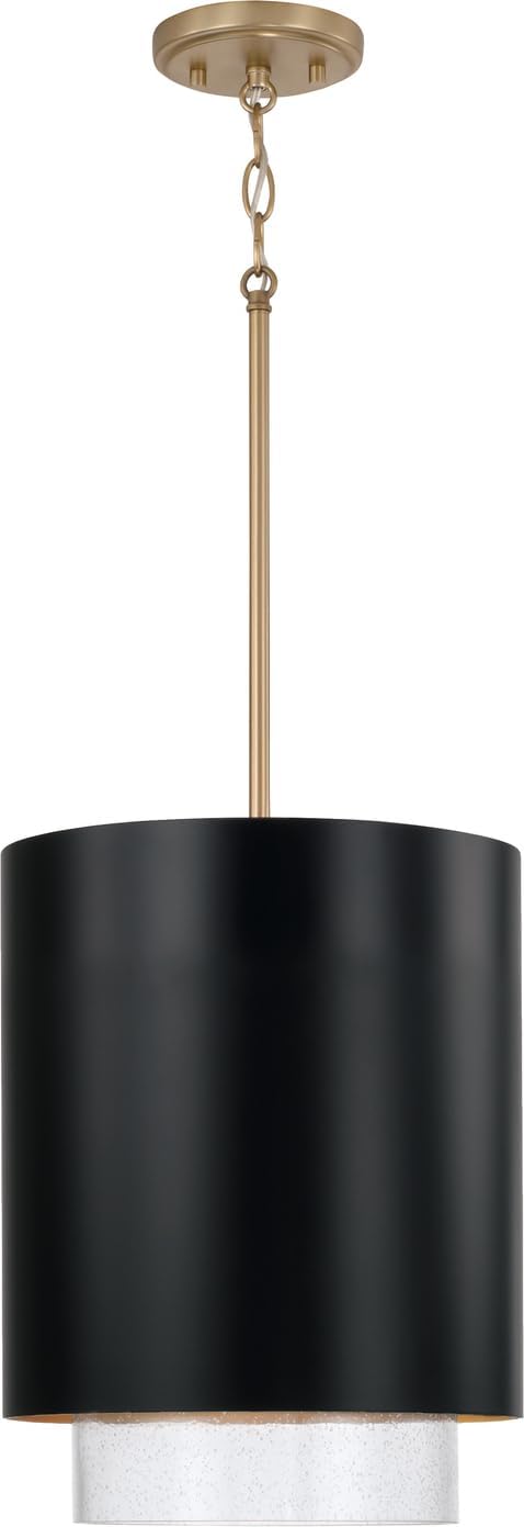 Matte Brass Black Seeded Glass Cylindrical Pendant Light