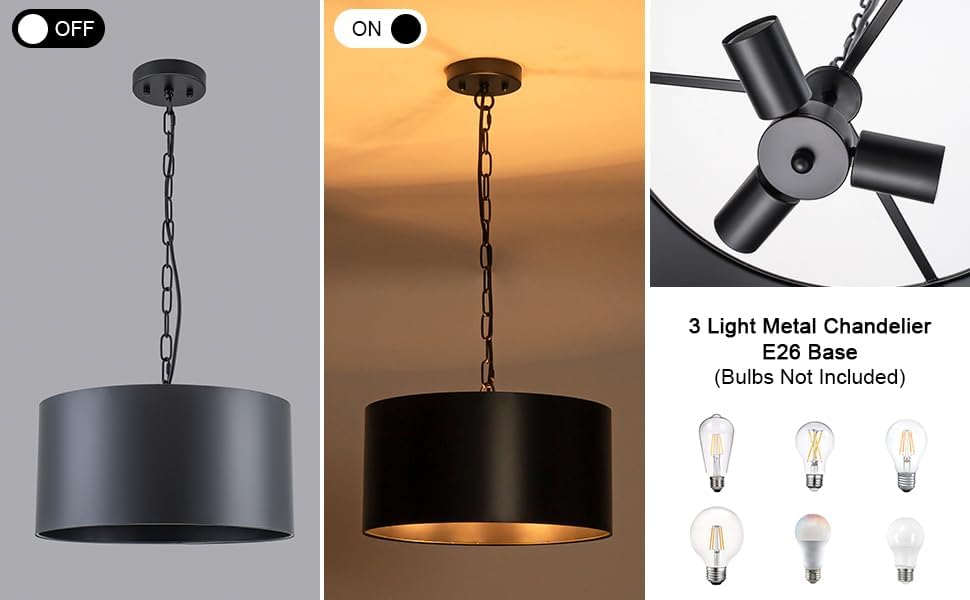 14.96" Black 3-Light Chain Drum Pendant Light