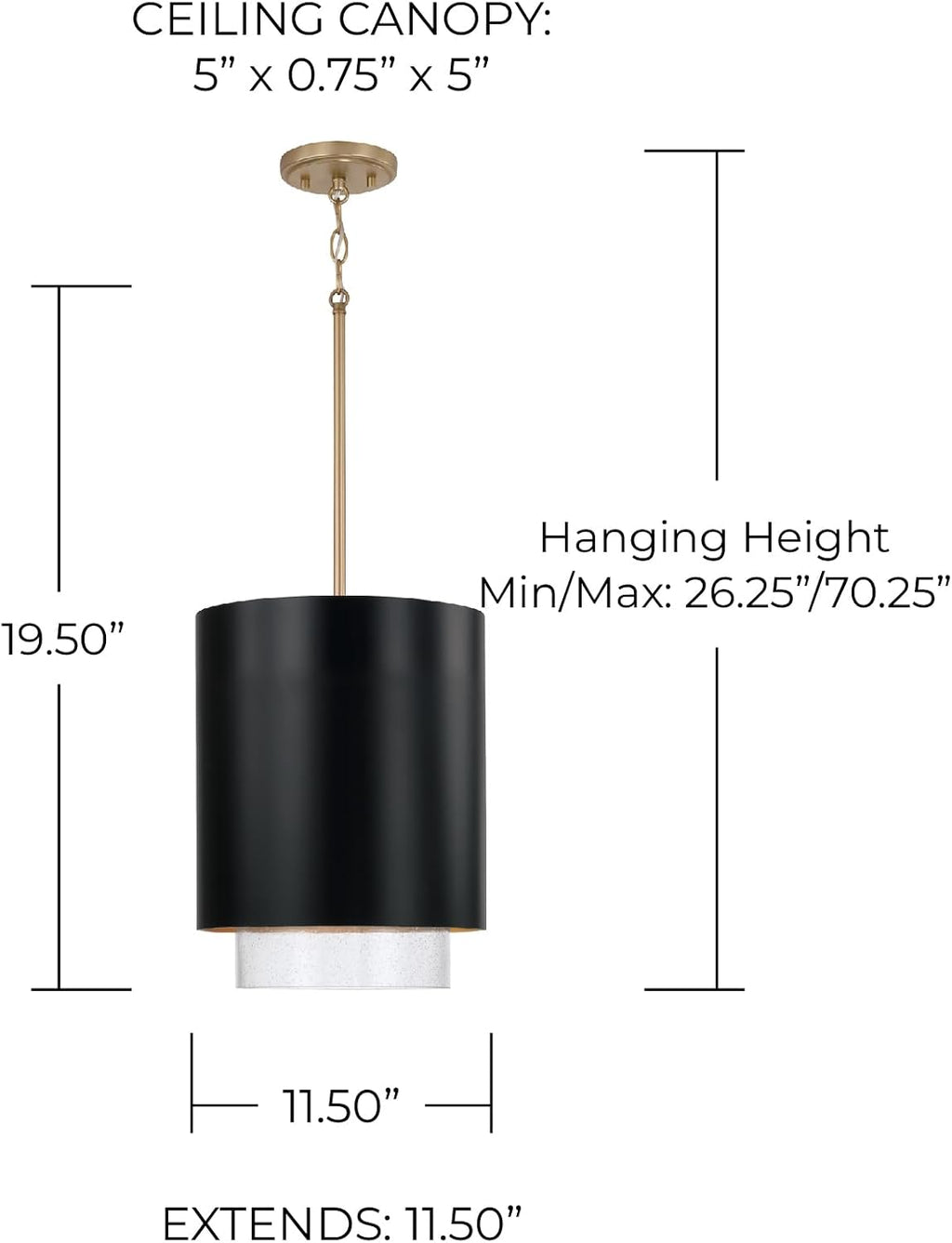 Matte Brass Black Seeded Glass Cylindrical Pendant Light