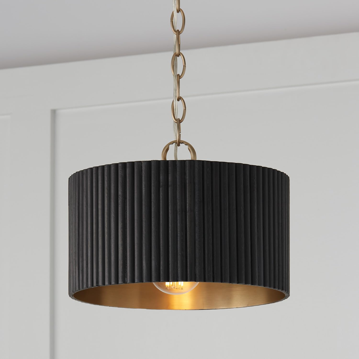 Black Wood Brass Convertible Drum Light