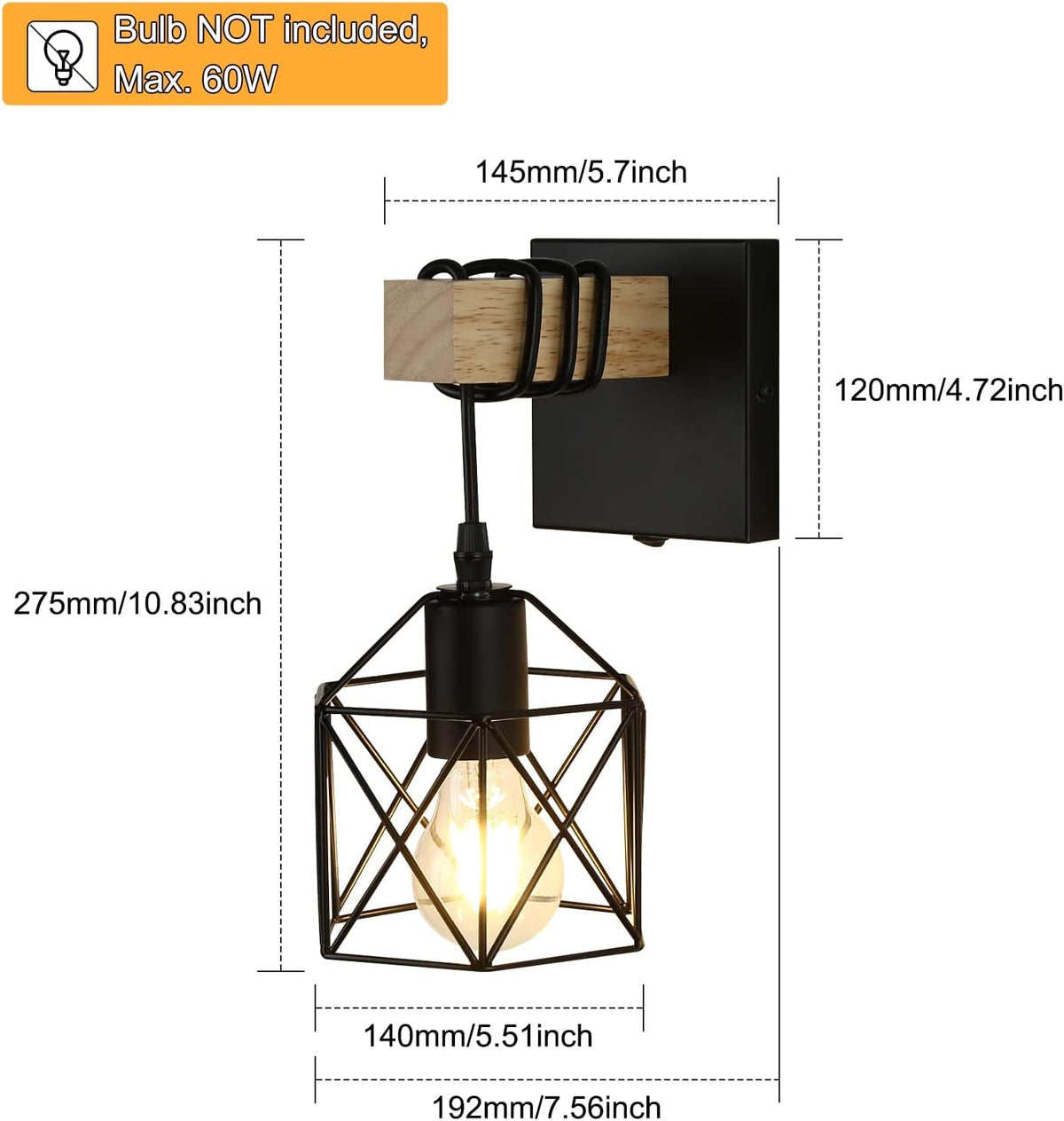 2 Pack Black Cage Industrial Wall Sconces with Switch