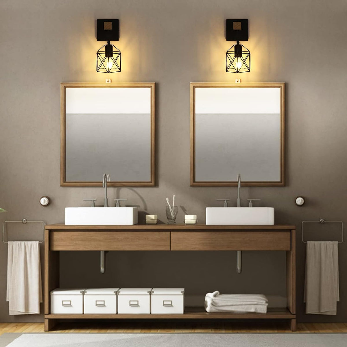 2 Pack Black Cage Industrial Wall Sconces with Switch