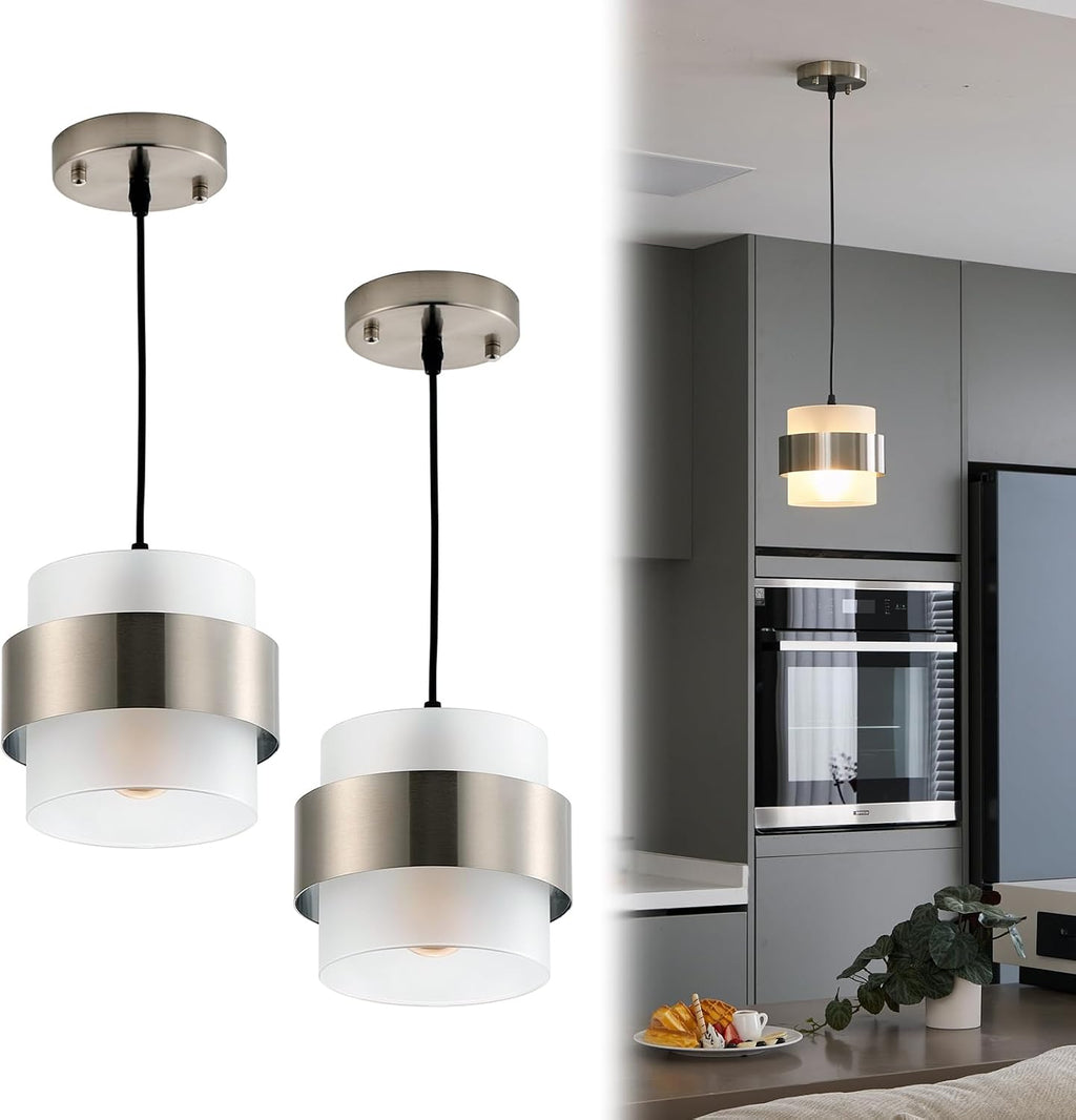 2 Pack Brushed Nickel Frosted Glass Mini Pendant Lights