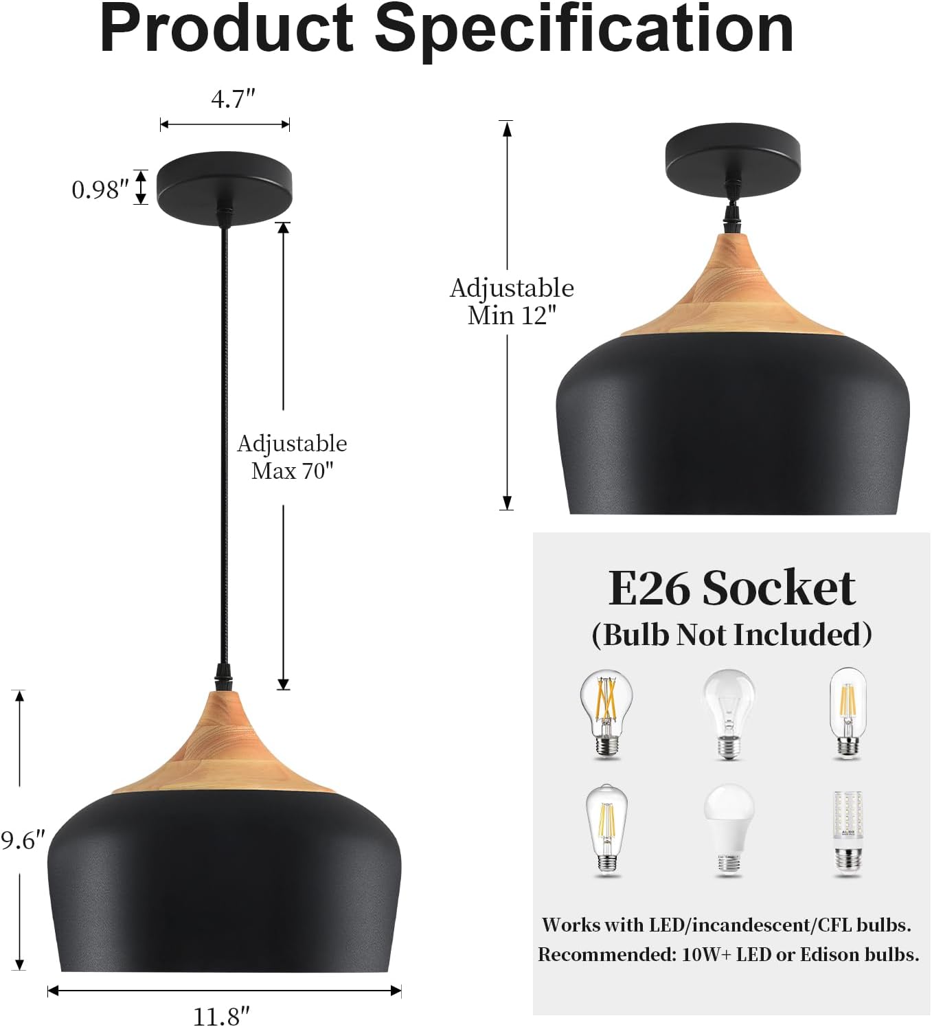 Black Wooden Dome Kitchen Pendant Light