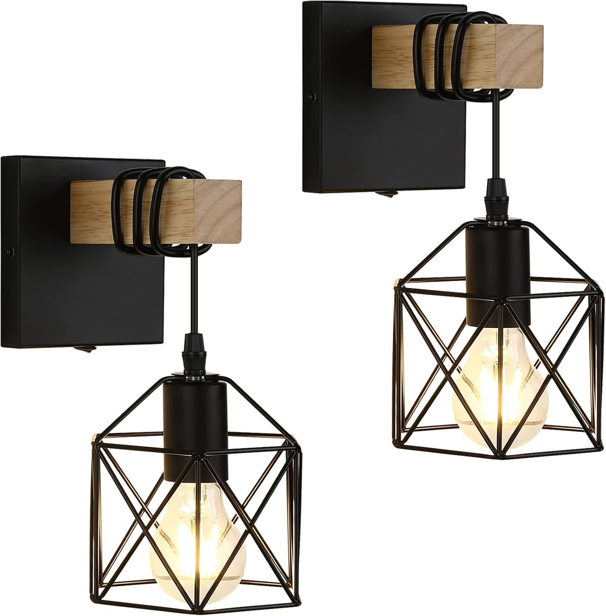 2 Pack Black Cage Industrial Wall Sconces with Switch