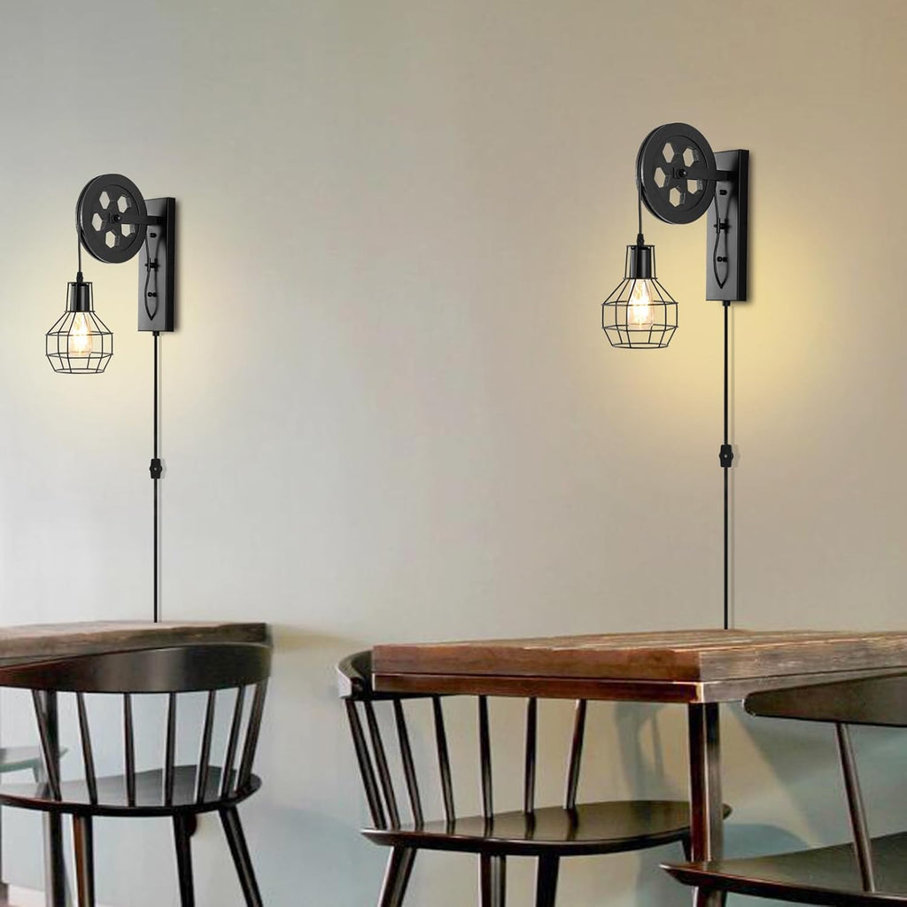 Black Pulley Iron Cage Plug In Industrial Wall Sconce
