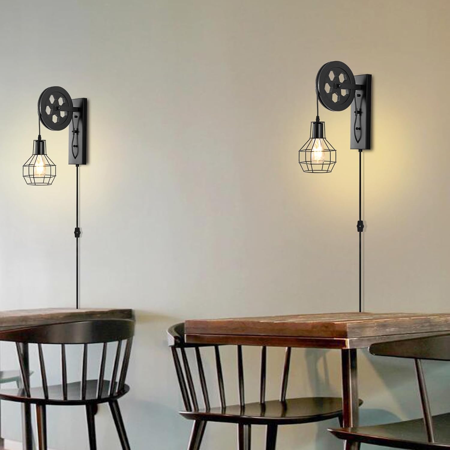 Black Pulley Iron Cage Plug In Industrial Wall Sconce