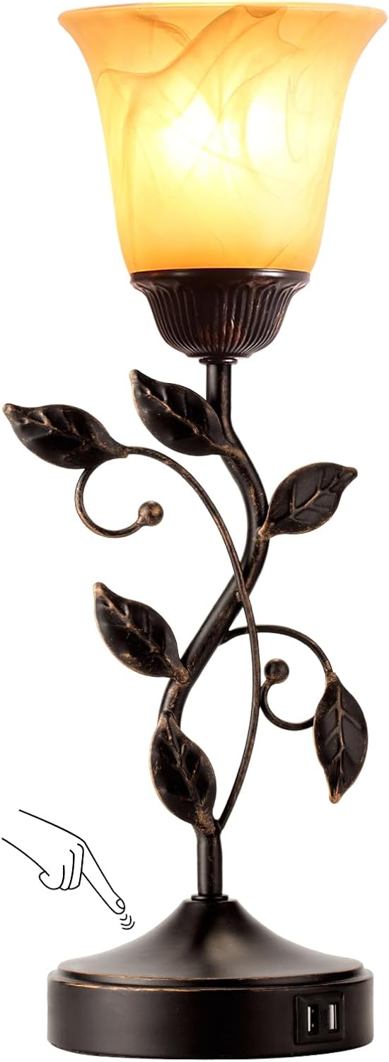 Bronze Leaf Amber Glass Touch Dimmable USB Table Lamp