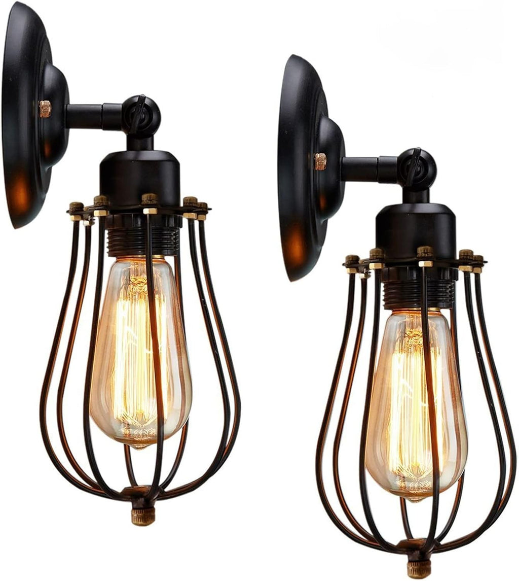2 Pack Black Wire Cage Adjustable Industrial Wall Sconces