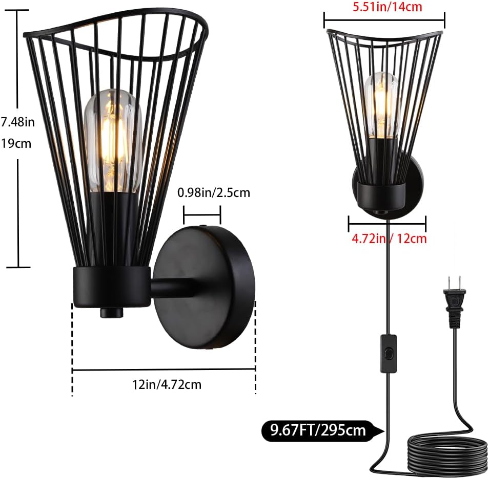 Plug-in Hardwired Black Wire Cage Steampunk Wall Sconce