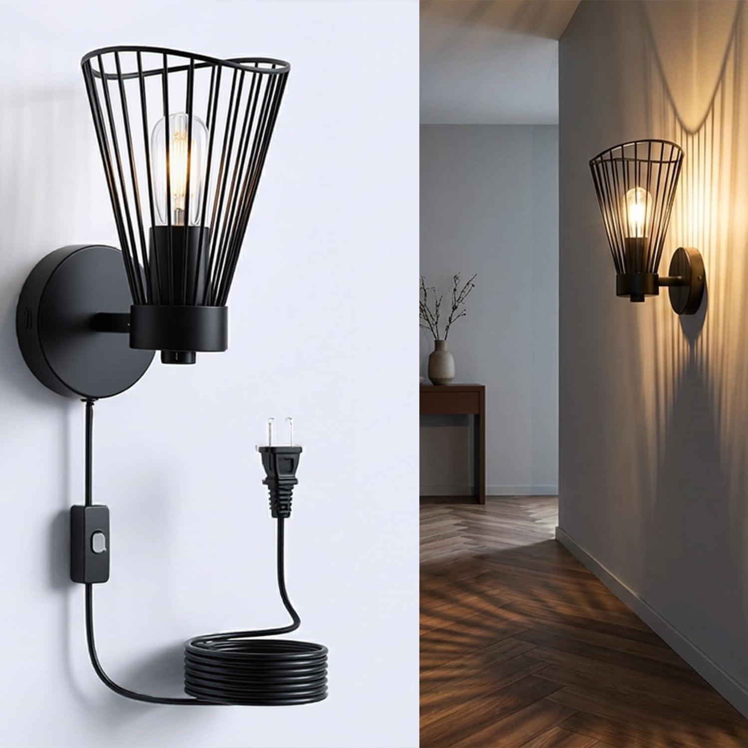 Plug-in Hardwired Black Wire Cage Steampunk Wall Sconce