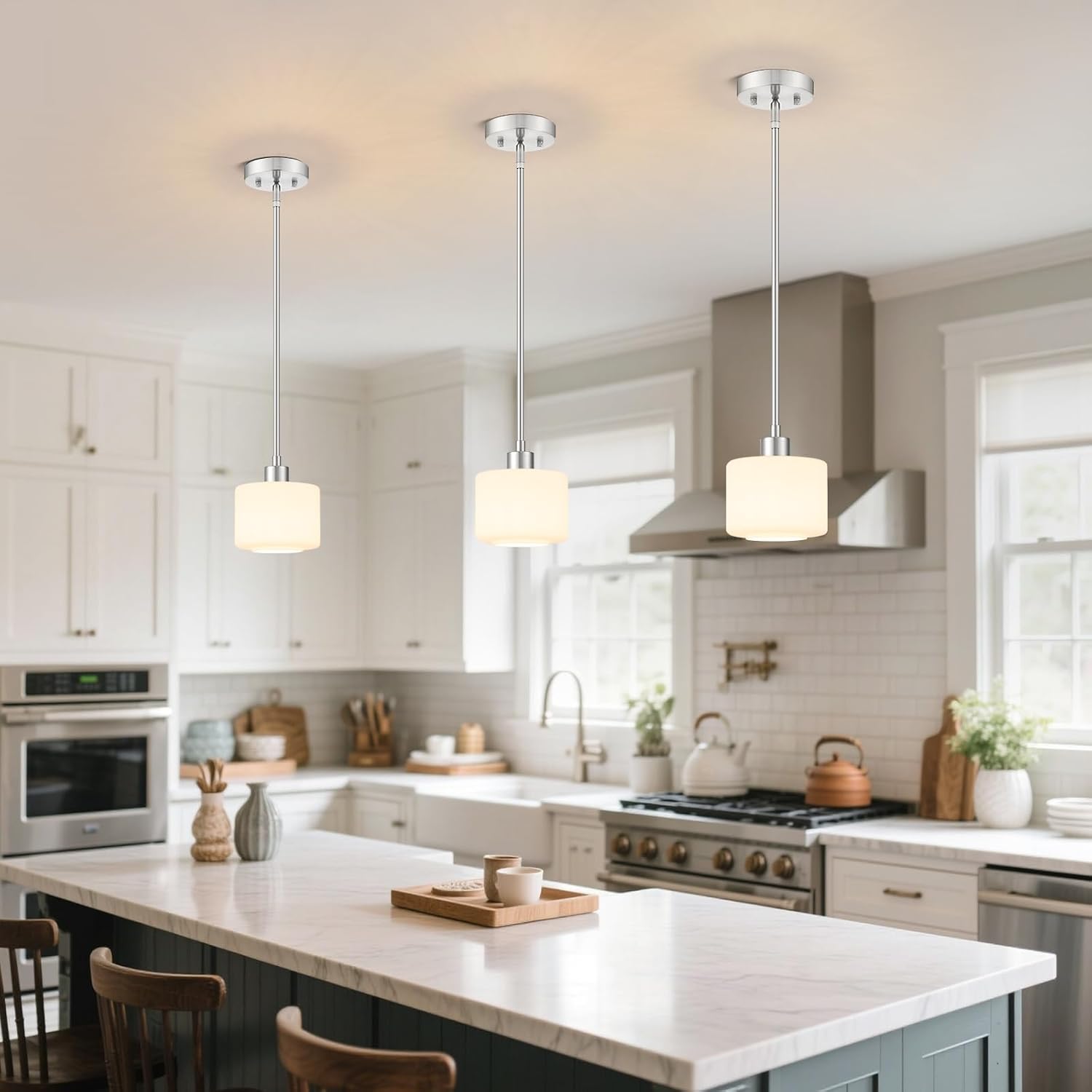 2-Pack Brushed Nickel Milk Glass Pendant Lights