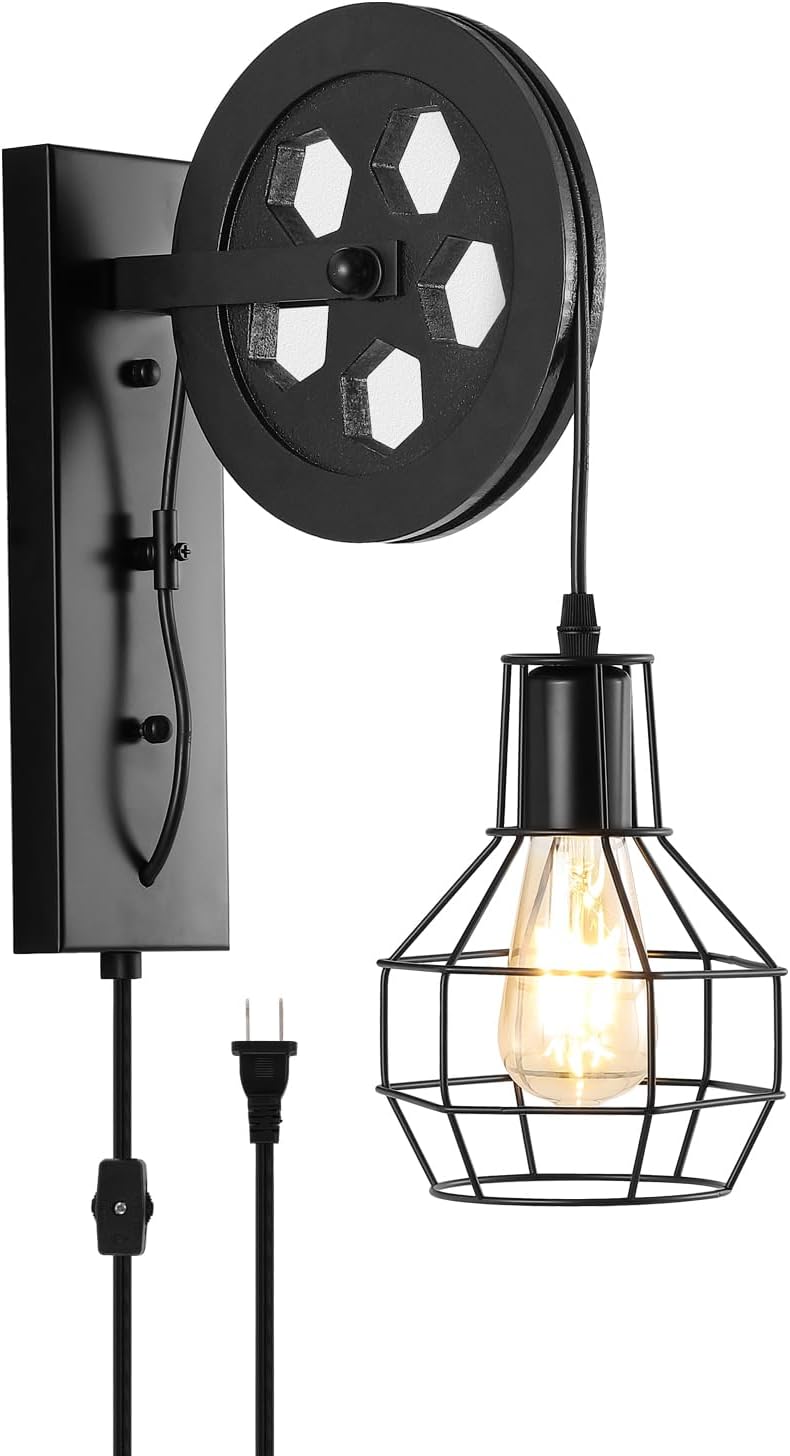 Black Pulley Iron Cage Plug In Industrial Wall Sconce