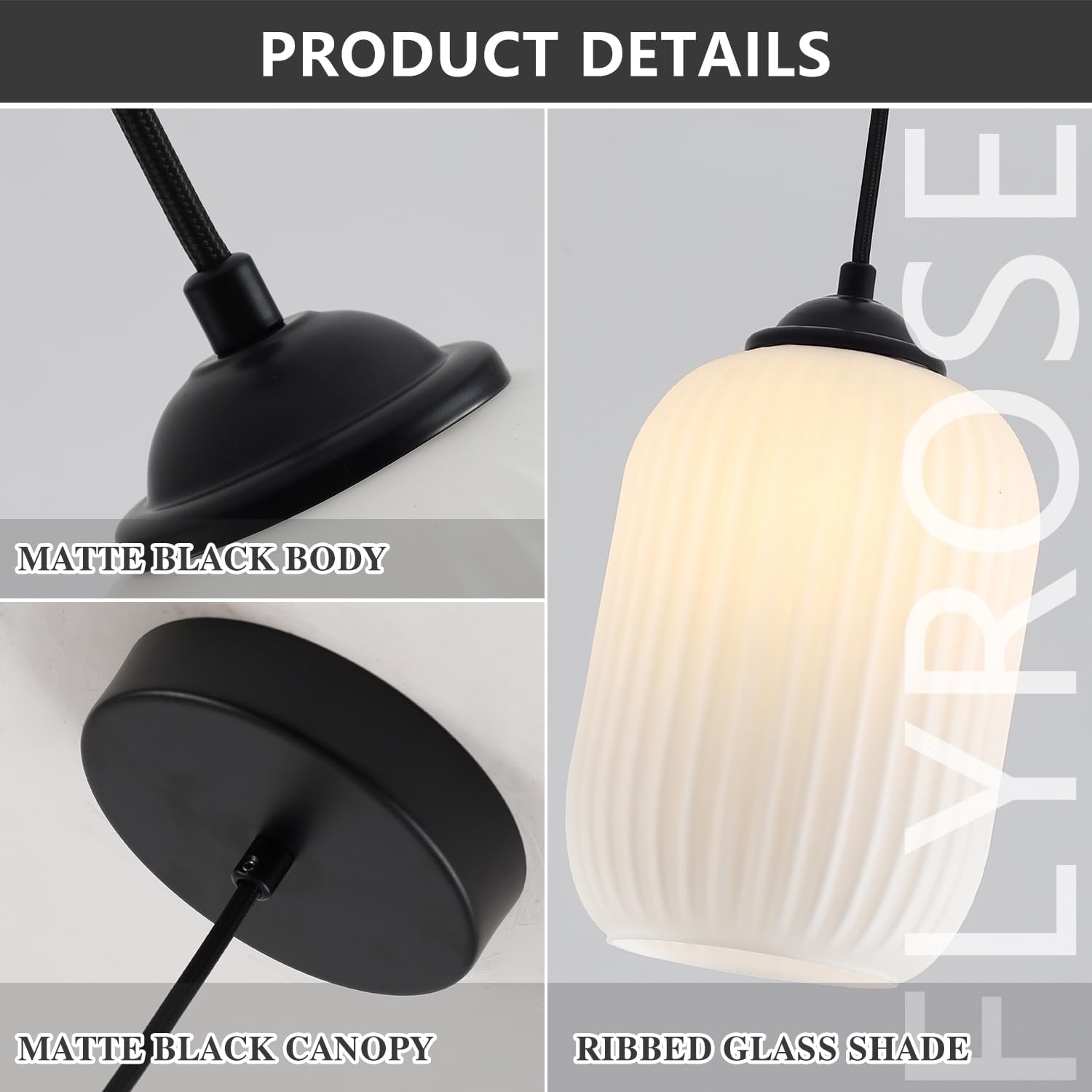 Black White Ribbed Glass Cylinder Pendant Light
