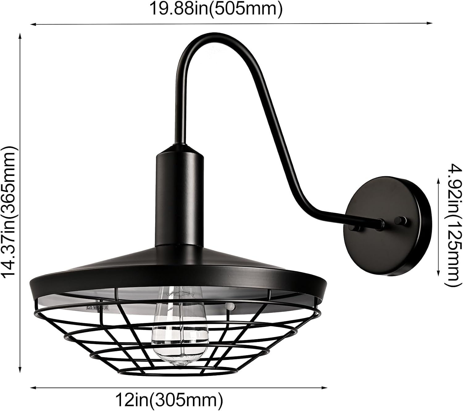 Black Gooseneck Cage Barn Shade Farmhouse Wall Sconce