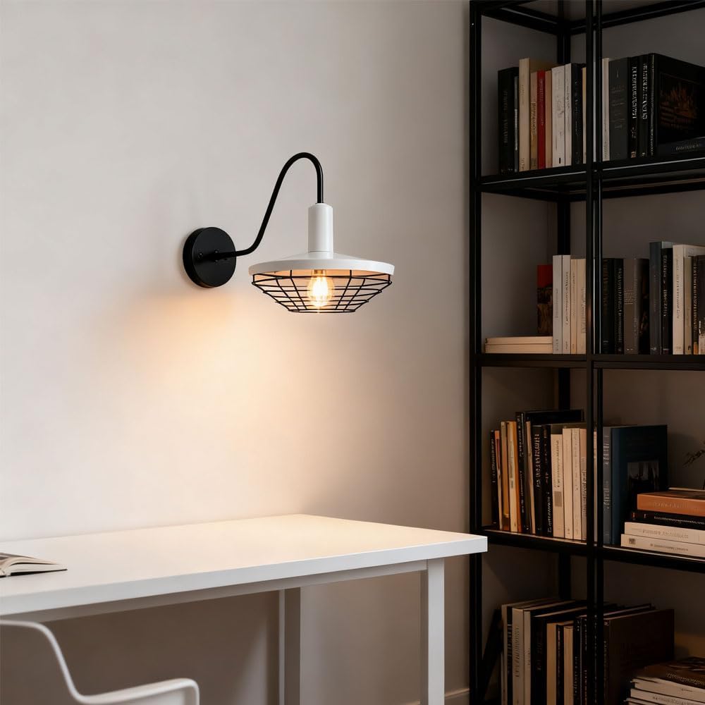 Black Cage Gooseneck White Barn Shade Farmhouse Wall Sconce