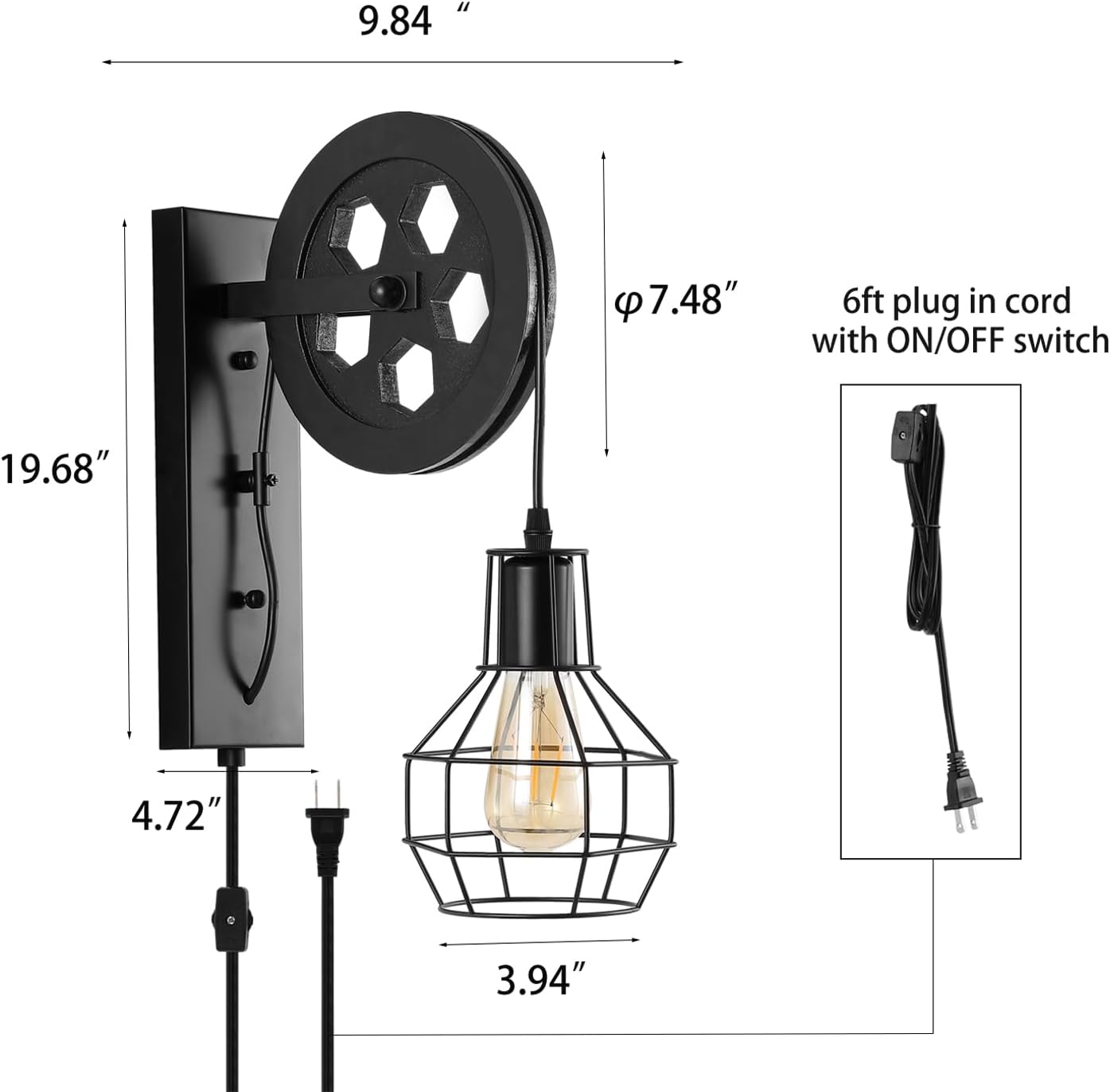 Black Pulley Iron Cage Plug In Industrial Wall Sconce