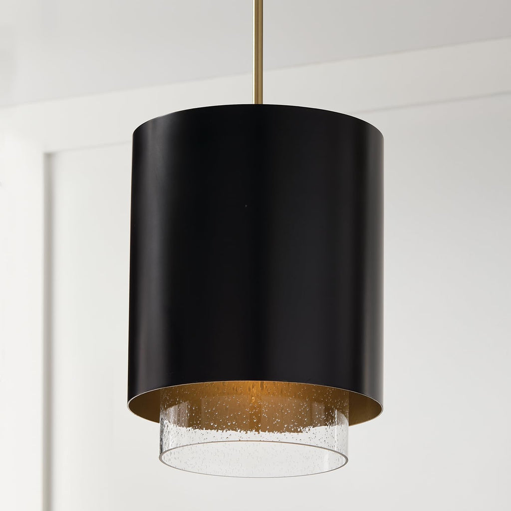 Matte Brass Black Seeded Glass Cylindrical Pendant Light