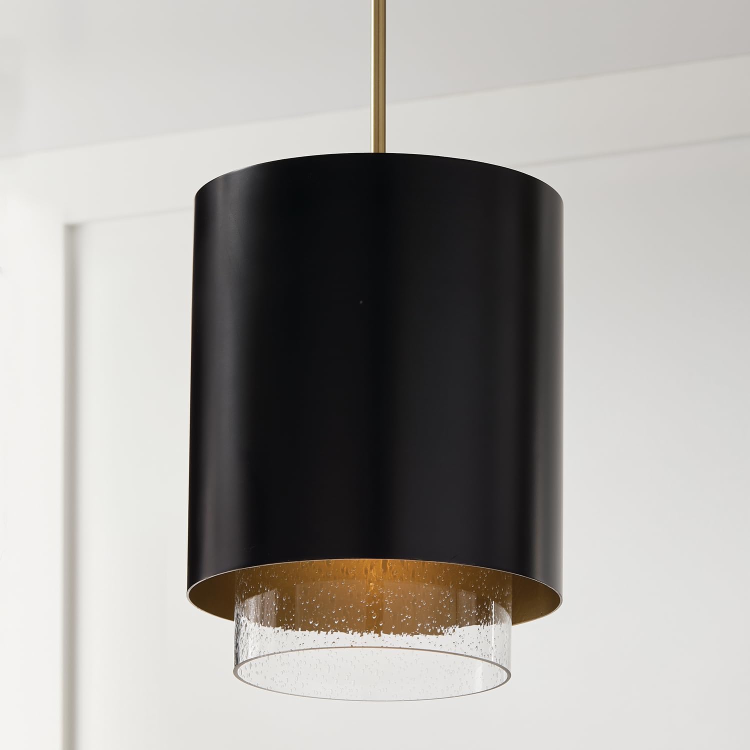 Matte Brass Black Seeded Glass Cylindrical Pendant Light