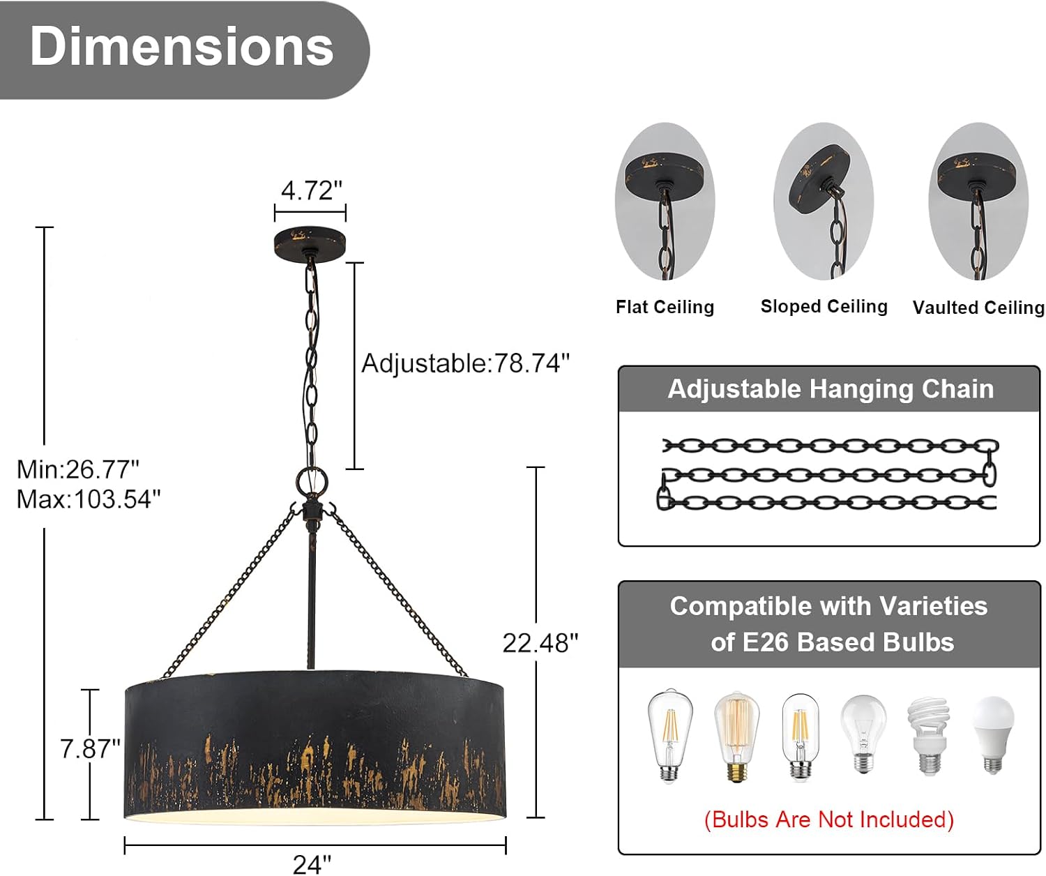 Matte Black Gold 6-Light 24" Drum Chandelier