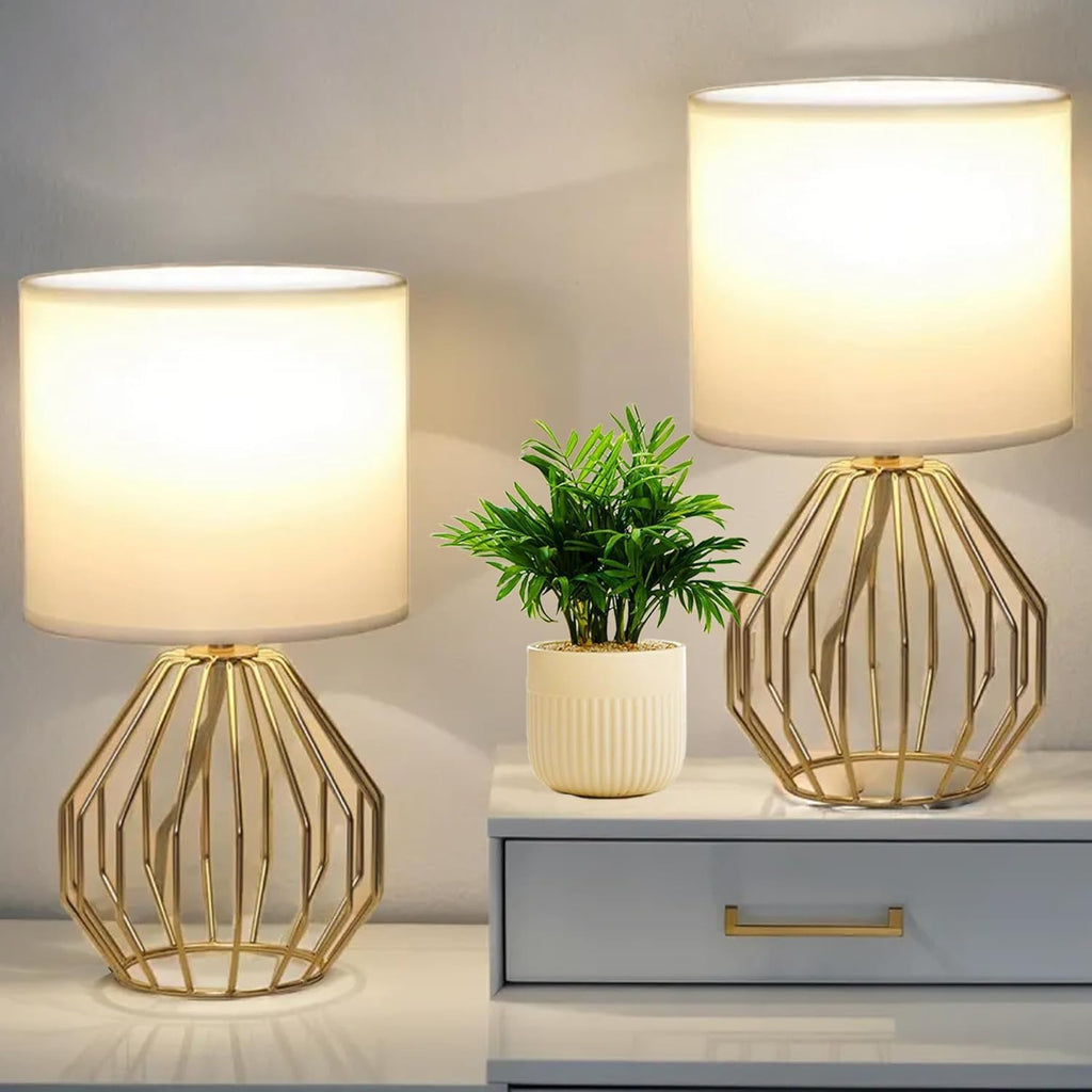 2 Pack Gold Geometric White Fabric Shade Table Lamps