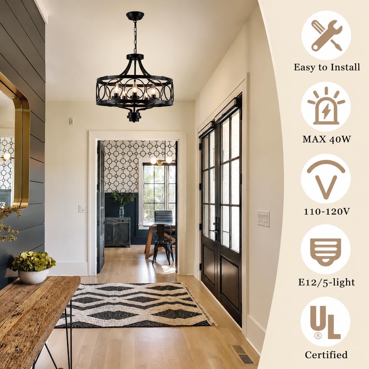 5-Light Black Farmhouse Drum Chandelier