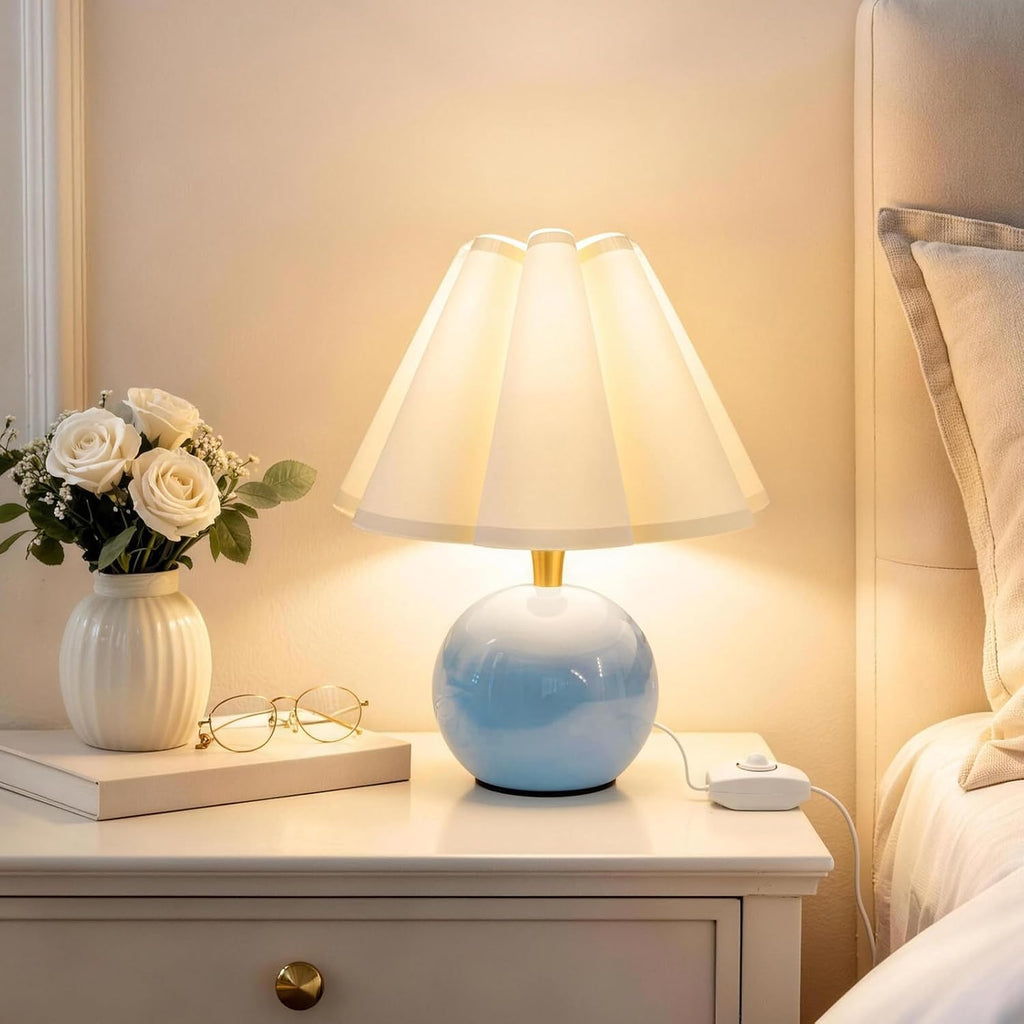Blue Ceramic Dimmable Scalloped Fabric Shade Table Lamp
