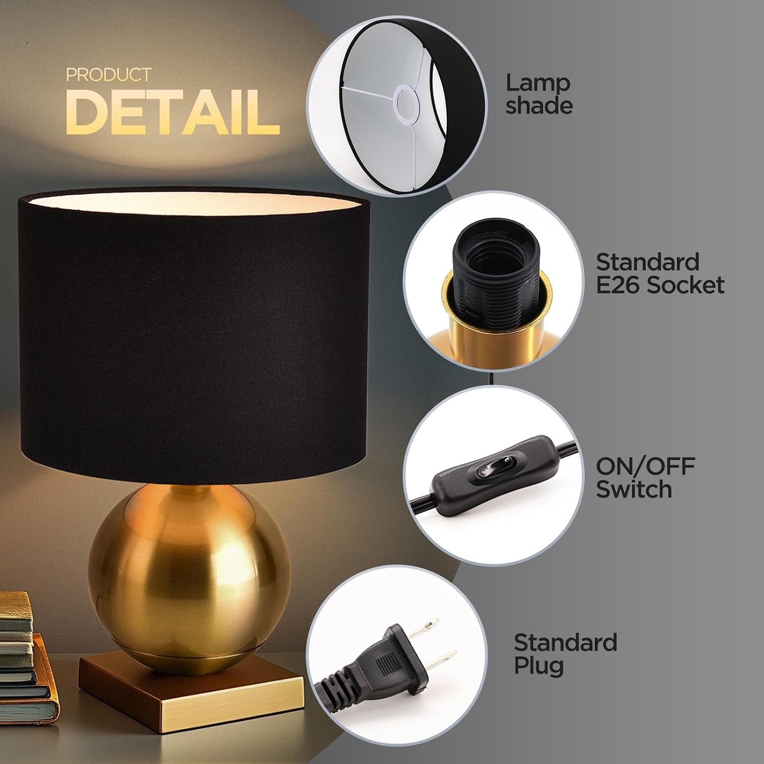Gold Ball Black Shade Mid Century Table Lamp