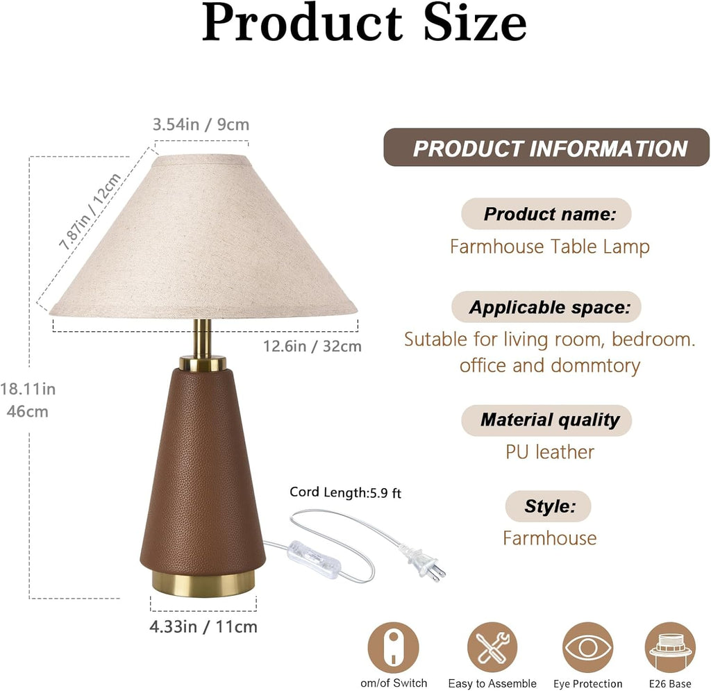 Brown PU Leather Farmhouse Beige Fabric Shade Table Lamp