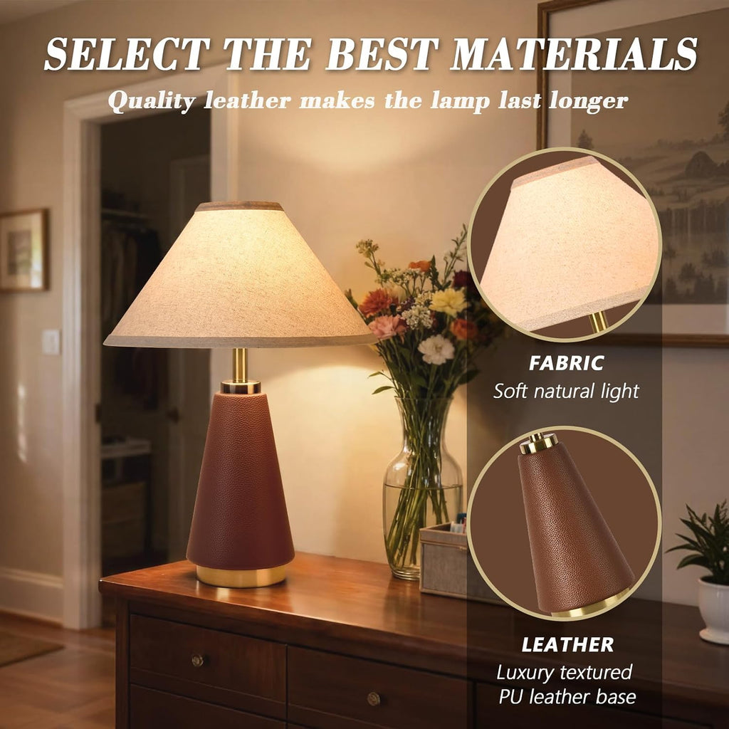 Brown PU Leather Farmhouse Beige Fabric Shade Table Lamp