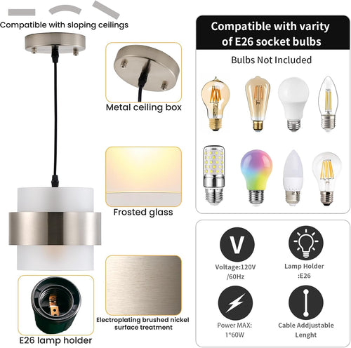 2 Pack Brushed Nickel Frosted Glass Mini Pendant Lights