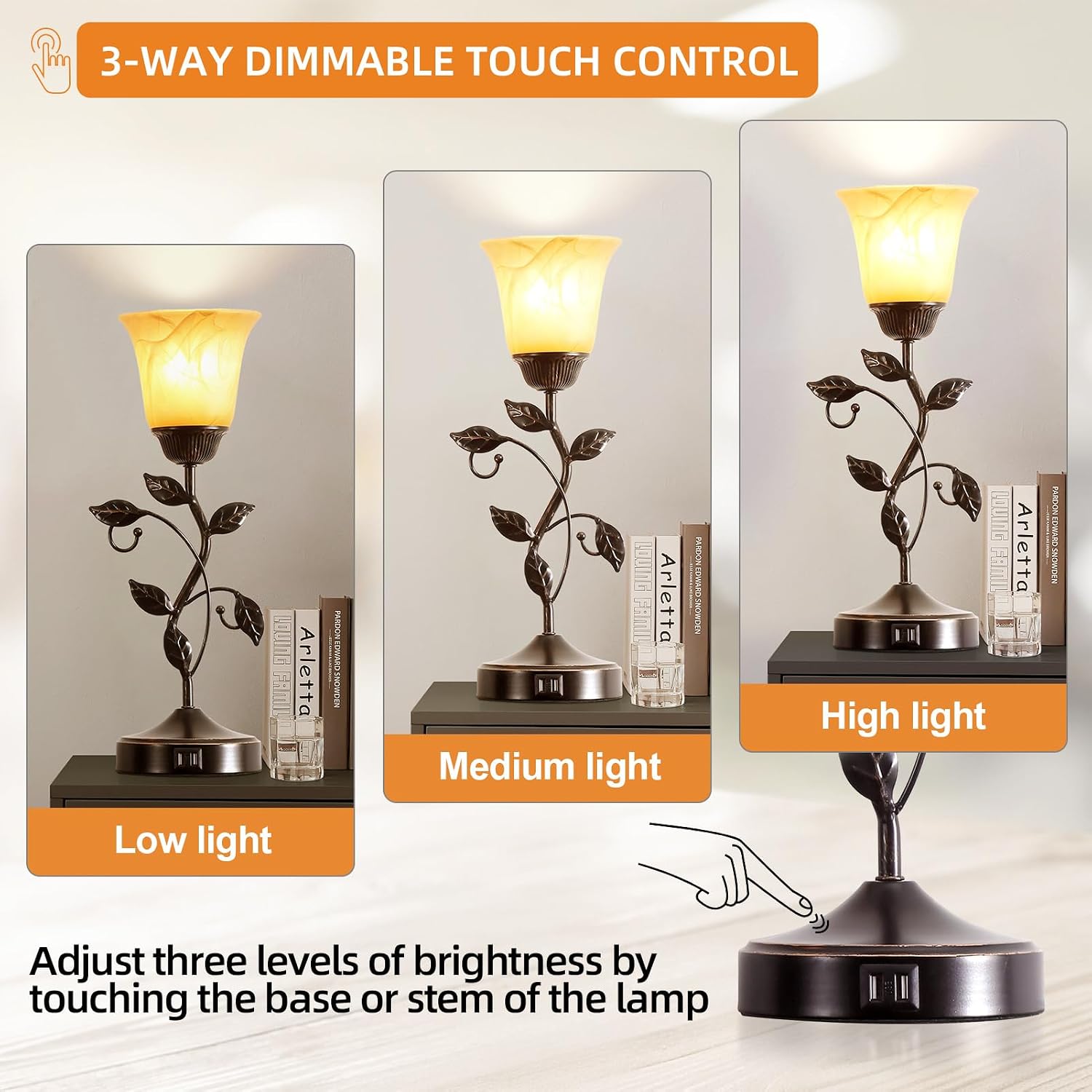 Bronze Leaf Amber Glass Touch Dimmable USB Table Lamp