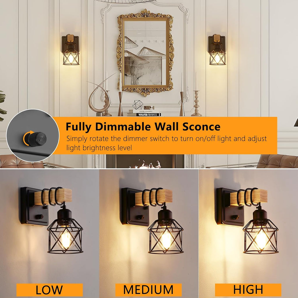 4 Pack Farmhouse Wood Metal Cage Dimmable Wall Sconces