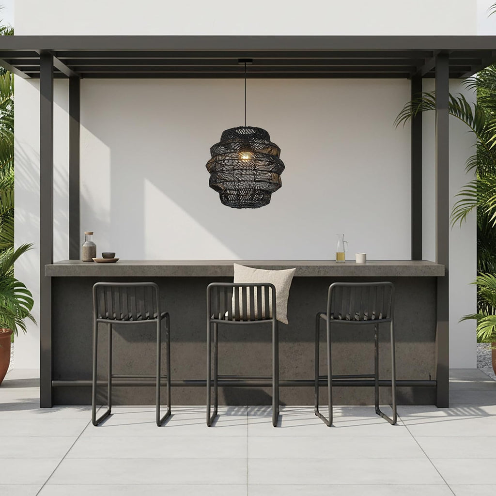 Matte Black Outdoor Tiered Rattan Pendant Light