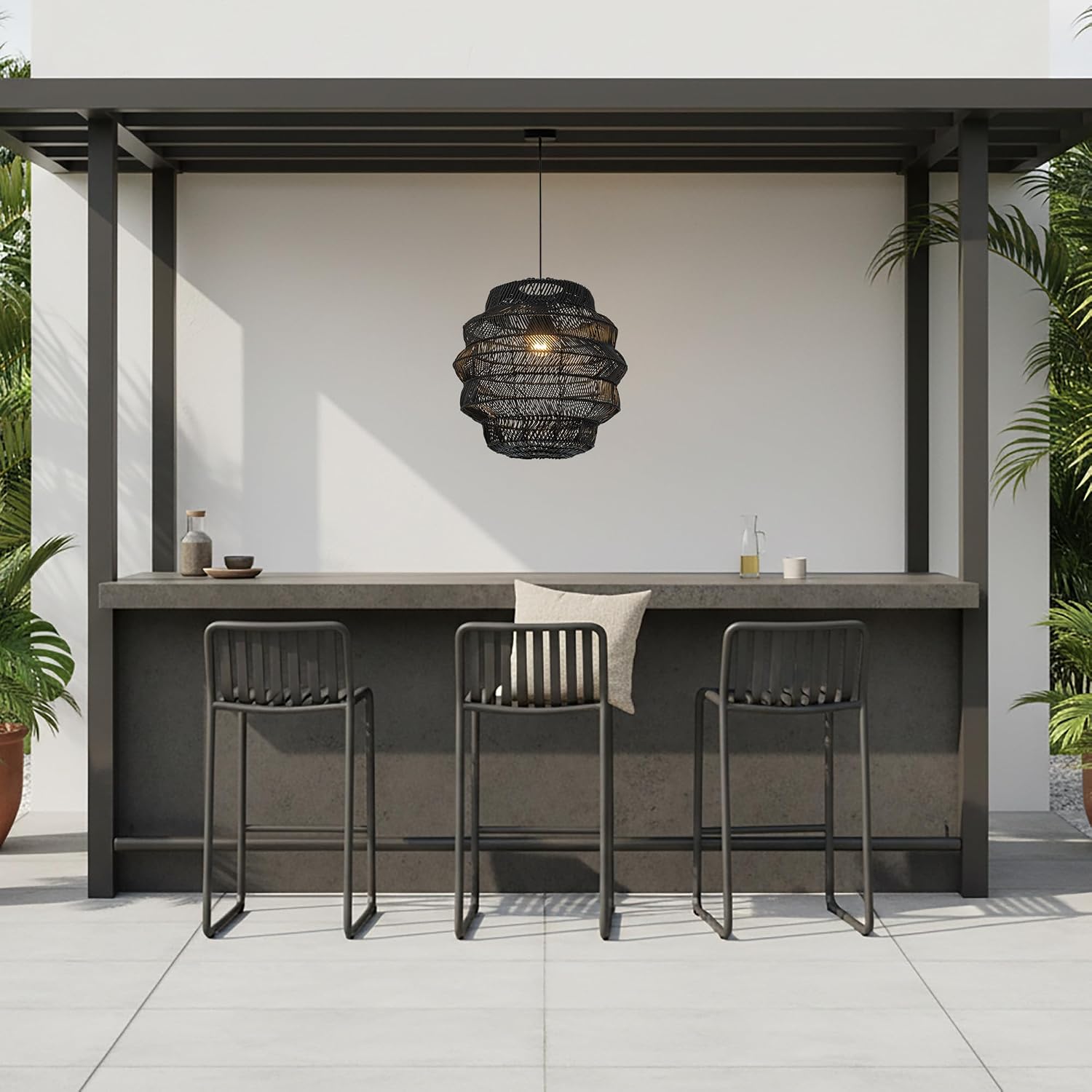 Matte Black Outdoor Tiered Rattan Pendant Light