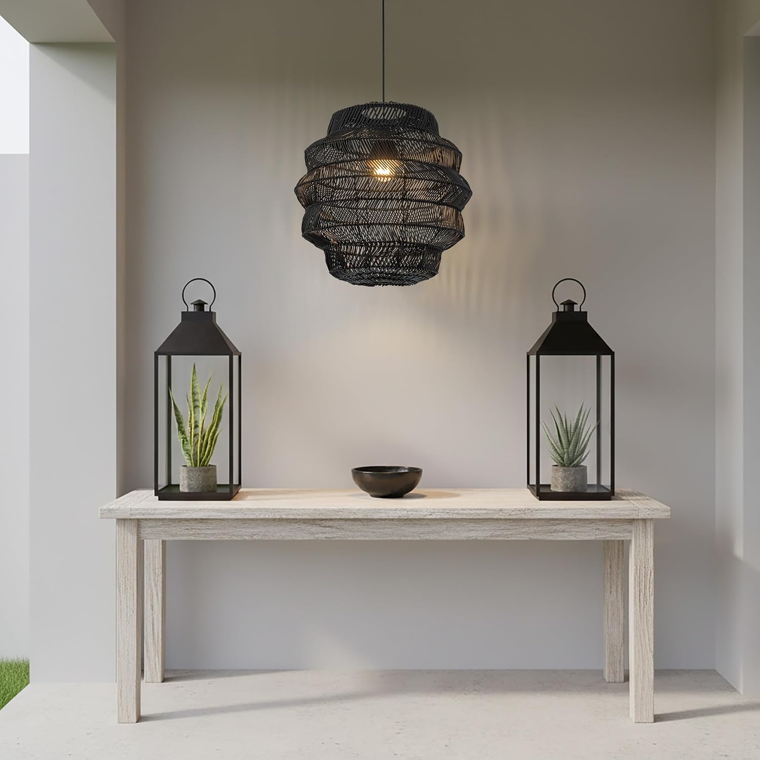 Matte Black Outdoor Tiered Rattan Pendant Light