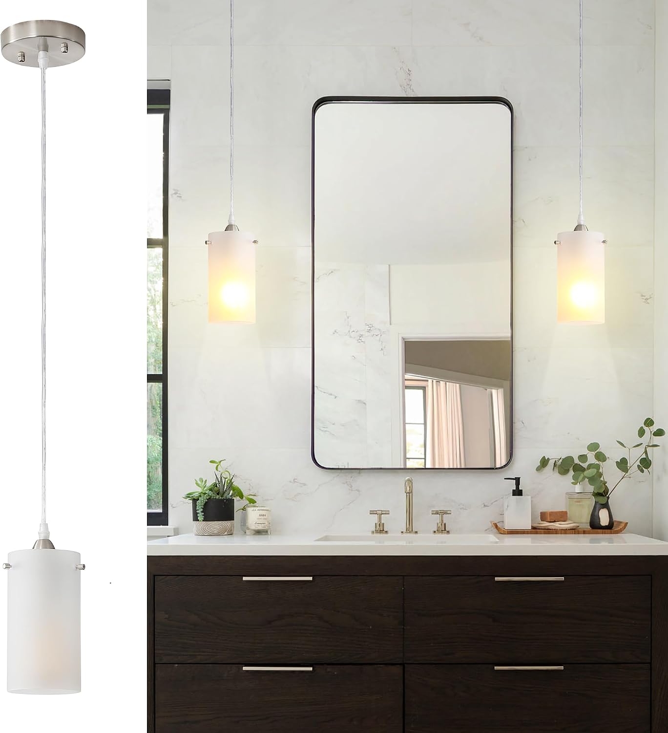 2 Pack Brushed Nickel Frosted Glass Mini Pendant Lights