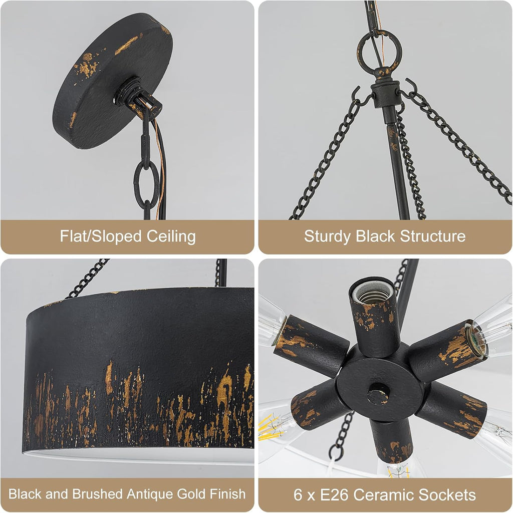 Matte Black Gold 6-Light 24" Drum Chandelier