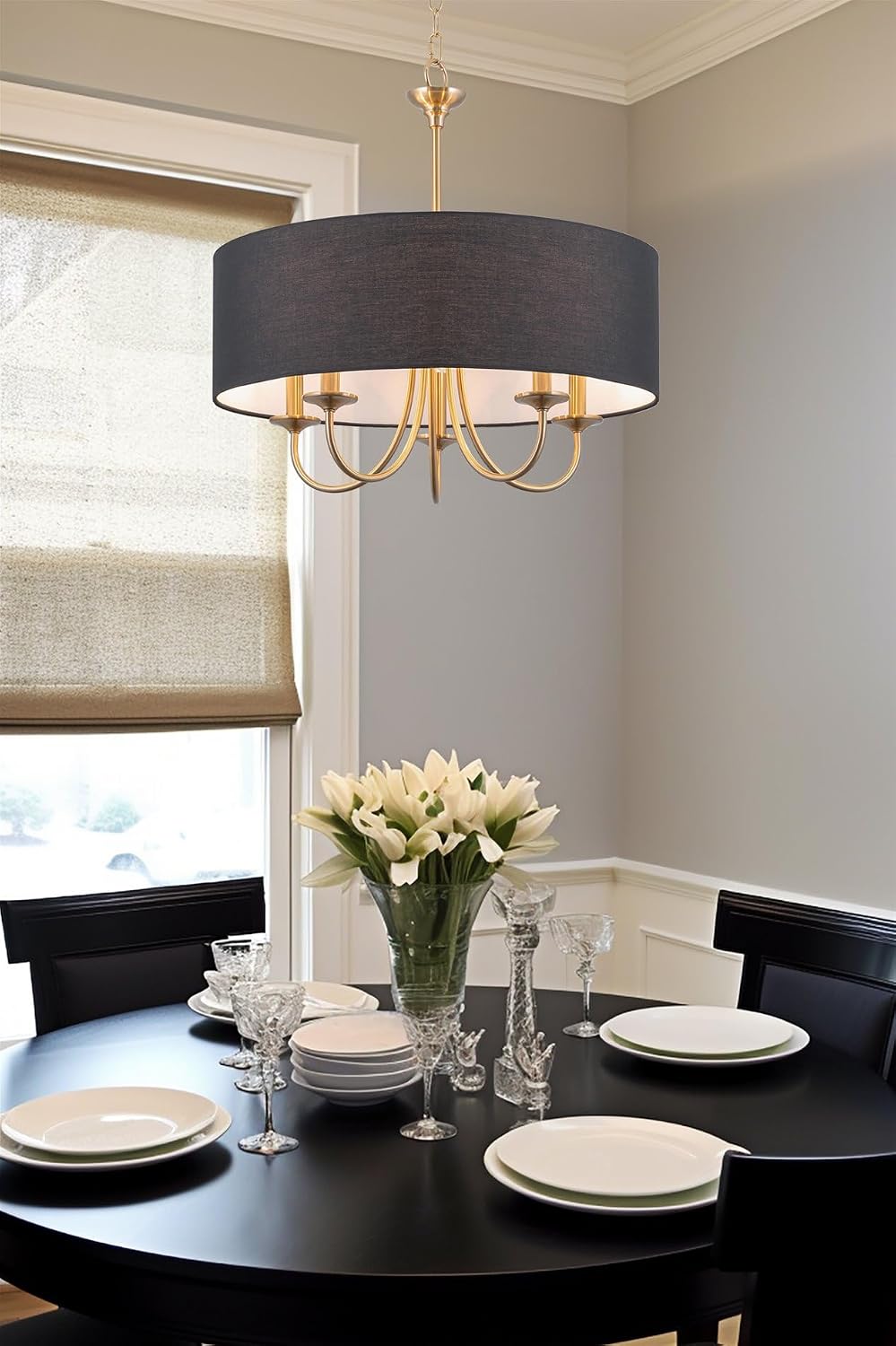 5-Light Cool Brass Black Linen Drum Chandelier