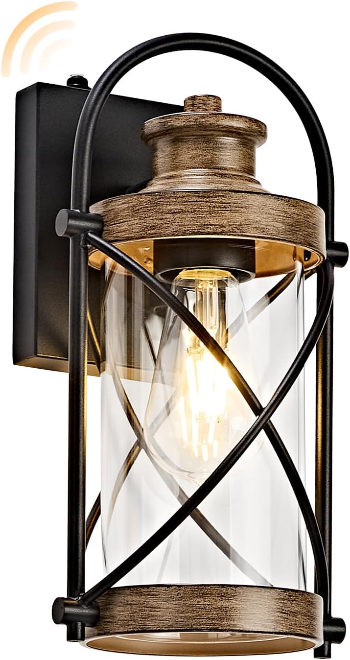 Vintage Wood Grain Cage Dusk to Dawn Outdoor Wall Lantern