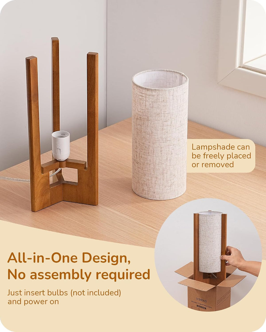 Walnut Cylinder Beige Linen Shade Small Table Lamp