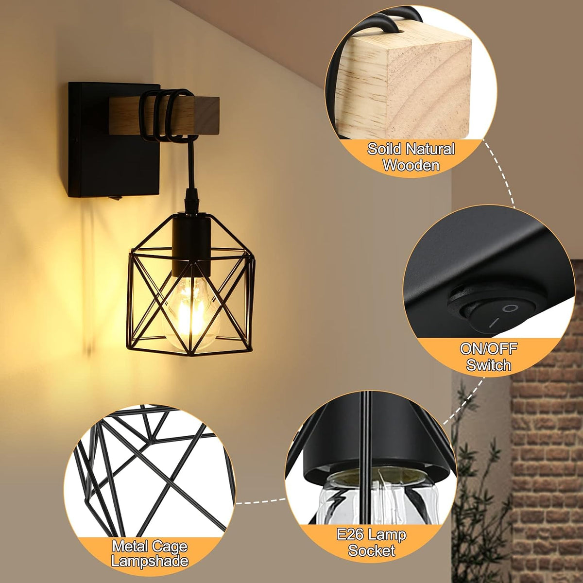 2 Pack Black Cage Industrial Wall Sconces with Switch