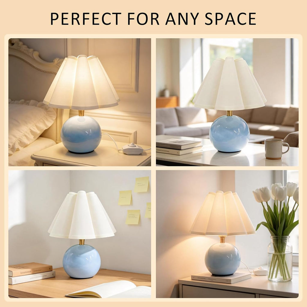 Blue Ceramic Dimmable Scalloped Fabric Shade Table Lamp
