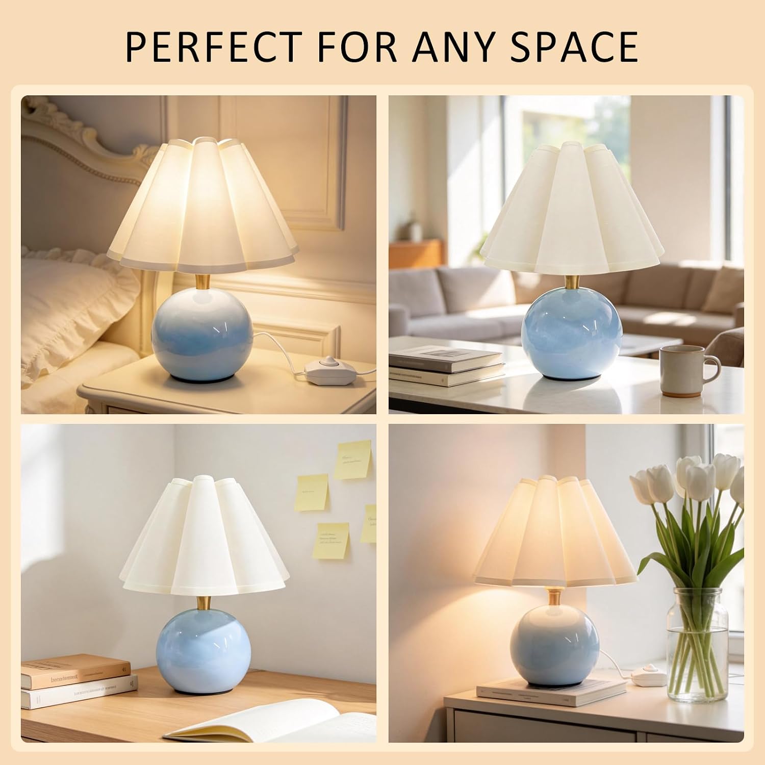 Blue Ceramic Dimmable Scalloped Fabric Shade Table Lamp