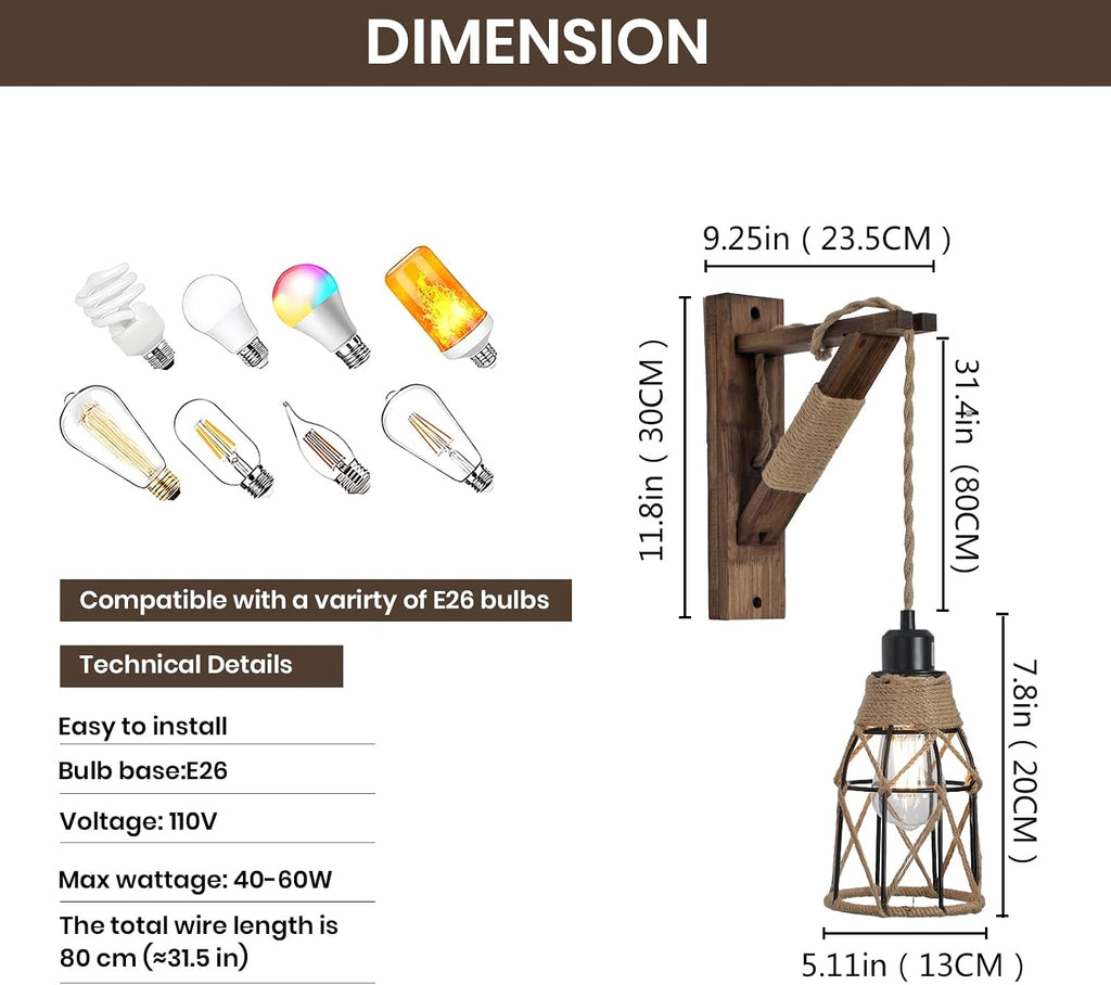 2 Pack Farmhouse Wood Bracket Metal Cage Wall Sconces