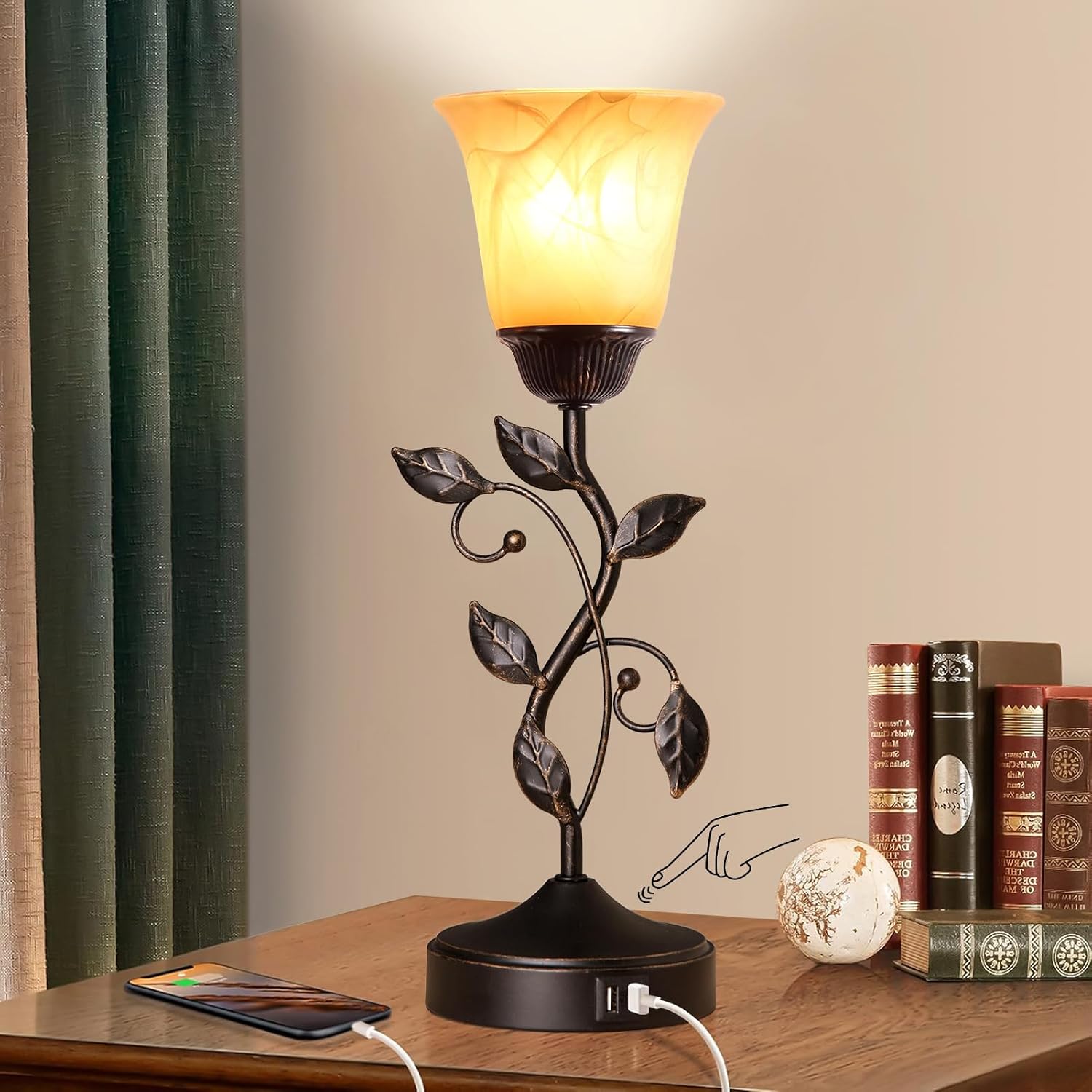 Bronze Leaf Amber Glass Touch Dimmable USB Table Lamp