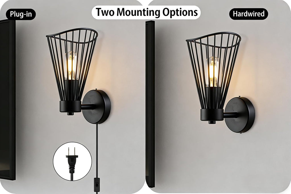 Plug-in Hardwired Black Wire Cage Steampunk Wall Sconce