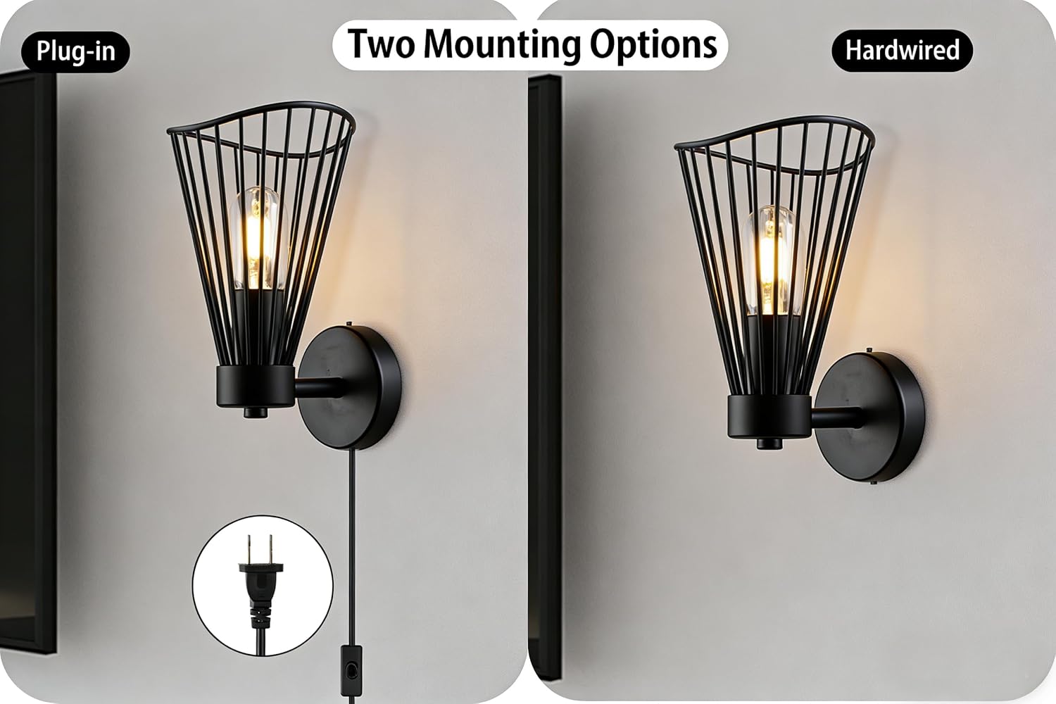 Plug-in Hardwired Black Wire Cage Steampunk Wall Sconce