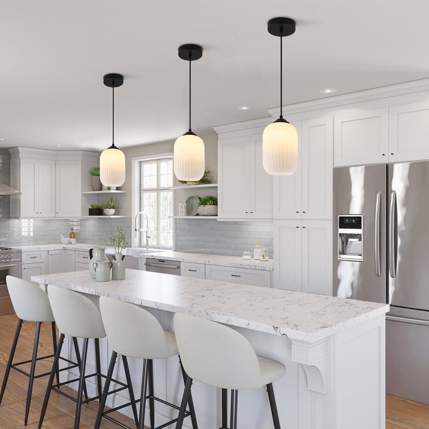 Black White Ribbed Glass Cylinder Pendant Light