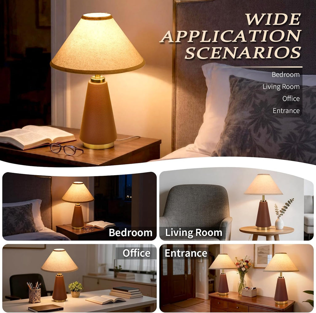 Brown PU Leather Farmhouse Beige Fabric Shade Table Lamp